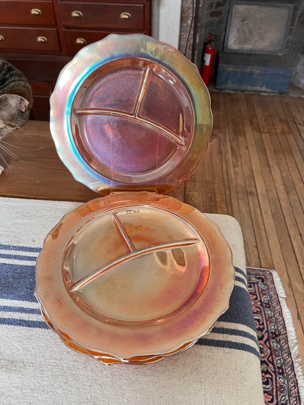 4 Vtg Federal Normandie Marigold Sunburst Carnival Glass Divided Dinner Plates - Picture 6 of 10